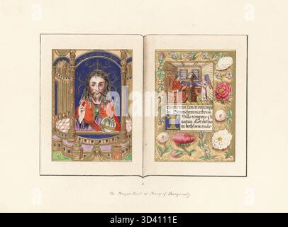 Gebetsbuch von Maria von Burgund, Marie de Bourgogne, Tochter Karls des Kühnen, 15. Jahrhundert. Miniaturporträt Christi, Miniatur des heiligen Matthäus, der sein Evangelium in einem Raum mit einem Engel schreibt, mit Blumen verzierte Grenzen. In der Sammlung von Reverend John Tobin, Liverpool, Sohn des Sklavenhändlers John Tobin. Chromolithographie nach einer Illustration von John Obadiah Westwood aus seiner eigenen Palaeographia Sacra Pictoria, eine Serie von Illustrationen der antiken Versionen der Bibel, kopiert von Leuchtmanuskripten, William Smith, London, 1843. Stockfoto