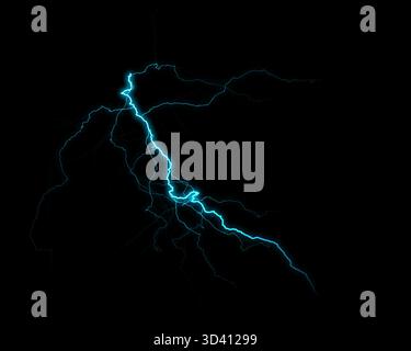 Ein kräftiger, leuchtender Blitz beleuchtet die Dunkelheit und erzeugt ein eindrucksvolles Bild von elektrischer Entladung und roher Energie. Stockfoto