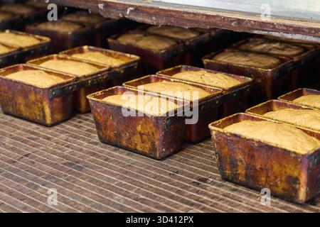 Fermentierter Teig steigt in Brotpfannen auf, die im Morgenlicht in einer Bäckerei gebacken werden können Stockfoto