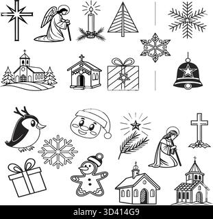 Friedliche weihnachtslandschaft mit Kiefern, Mond und fliegenden santa-Schlitten - monochrome Vektor-Silhouette Stil. Stock Vektor