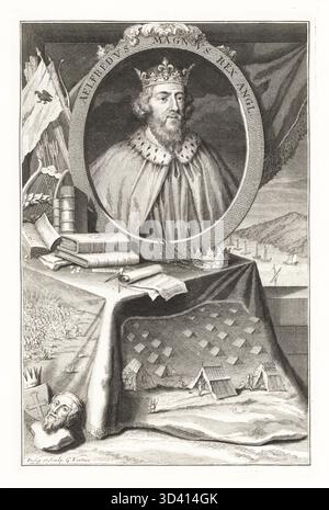 Alfred der große, König der Westsachsen, um 849-899. Aelfredus Magnus Rex Angl. Ovales Porträt des Königs in Krone und Hermelinmantel. Mit Leier, Wimpeln, Pfeilen, Büchern, Krone, Büste und Wappen. Vignetten von Militärlagern, Wikingerschiffen, Kriegsführung. Kupferstich gezeichnet und graviert von George Vertue aus seinen Köpfen der Könige von England, passend für Mr Rapins Geschichte, übersetzt von N. Tindal, gedruckt für James, John and Paul Knapton, London, 1736. Stockfoto