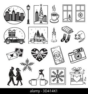 Klare, minimalistische Weihnachtssymbole in Schwarz und weiß mit Geschenken, Baum, weihnachtsmütze, Schneeflocken und Glocken im Konturvektorstil. Stock Vektor