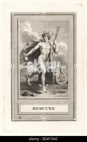 Quecksilber, römischer Gott des Handels, der Kommunikation usw. In geflügelten Sandalen und Hut, mit einem Caduceus, mit einer Leier hinter ihm. Hermes im griechischen Mythos. Mercure. Kupferstich von Jean-Baptiste Patas nach einem Entwurf von Jean-Jacques-Francois le Barbier aus Sylvain Marechals Le Pantheon, ou les Figures de la Fable, Chez Simon, 16 rue Pagevin, Paris, 1787. Stockfoto