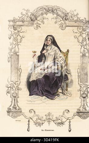 Kostüm einer Kanonierin aus dem 18. Jahrhundert. In Schleier und Wimper, lila und weiße Gewohnheit, Hermelin Schal. La Chanoinesse. Handkolorierter Stahlstich nach einer Illustration von Theophile Fragonard, in einer dekorativen Kartusche von Bertrand, aus Augustin Challamels Autrefois oder Le Bon Vieux Temps, Types de 18e Siecle, Challamel et Cie, 1842. Stockfoto