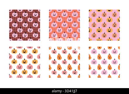 Set aus niedlichen handgezeichneten rosa Kürbis Halloween nahtlose Muster Stock Vektor