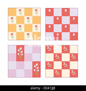 Nahtlose Blumenmuster mit Karomuster, Tulpen und Frühlingsblumen, süßes Pastellmuster Stock Vektor