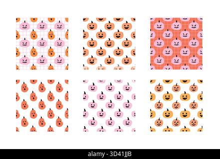 Niedliches, nahtloses Halloween-Kürbis-Muster in rosa und orange Farben für Kinder und Feiertage Stock Vektor