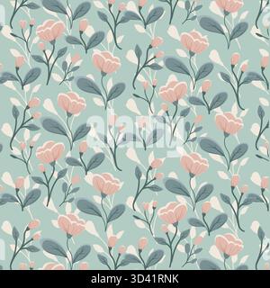 Zartes Blumenmuster mit rosa Blüten und salbeigrünen Blättern, perfekt, um Hintergründen und Textilien einen Hauch von Eleganz zu verleihen. Stock Vektor