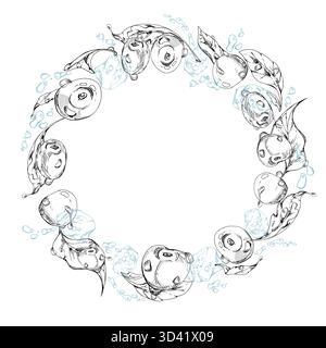 Süße Kirschkerze Fliegen im Wasser Spritzer Tropfen Eiswürfel, Hand gezeichnete Vektortinte, reife Linie Garten Beerenblätter. Kreiskranz-Rahmen-Abbildung Stock Vektor