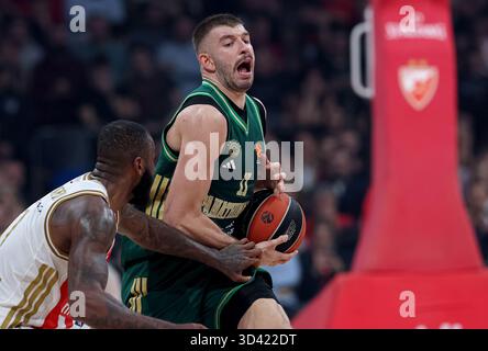 Belgrad, Serbien. November 2025. Nikolaos Rogkavopoulos aus Panathinaikos während des Euroleague Basketballspiels zwischen Crvena Zvezda (Roter Stern) und Panat Stockfoto