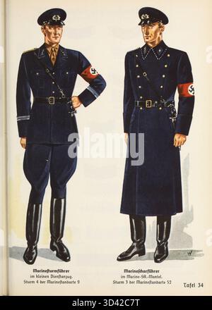 Das Organisationsbuch der NSDAP 1936 enthielt Uniformen der SA (Sturmabteilung), darunter der Marinesturmführer in Dienstkleidung und der Marinescharführer im Mantel. Dieses Buch beschreibt die Struktur der paramilitärischen Gruppen der NSDAP. Stockfoto