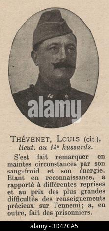 Dieses Bild ist ein Scan aus dem „Supplément à L'Illustration“ vom 13. November 1915 mit Louis Thévenet, Lieutenant der 14. Husaren. Das Bild wurde für die Publikation zugeschnitten. Stockfoto