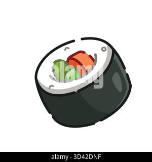 Verspielte Sushi-Roll-Illustration mit Lachs, Reis und grünem Gemüse in dunklem Algen Stock Vektor