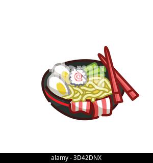Stilisierte Ramen-Schüssel mit Nudeln, gekochtem Ei, Narutomaki, grünem Gemüse und roten Essstäbchen auf Tuch Stock Vektor