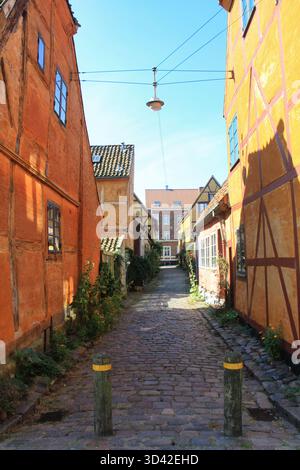 Helsingør, Dänemark, 19-08-2012 Beschreibung: Historische Pflasterallee mit bunten Fachwerkhäusern in Helsingør, Dänemark Stockfoto