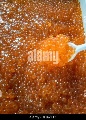 Roter Kaviar in einem Plastikbehälter. Lachs Kaviar, Diät-Essen. Rühren mit einem Plastiklöffel roten Kaviar Stockfoto