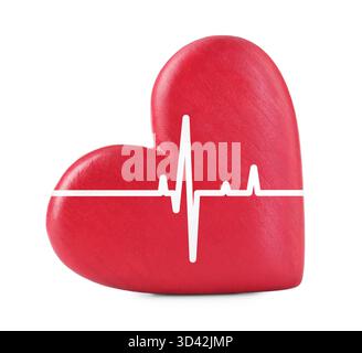 Kardiologie, Gesundheitsdienst. Rotes Herz mit Pulslinie auf weißem Hintergrund Stockfoto