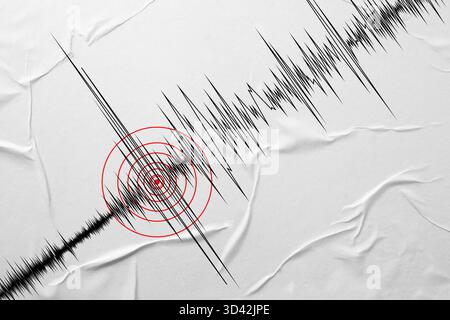 Erdbeben markiert mit roten Kreisen auf Seismogramm. Diagramm vom Seismometer Stockfoto