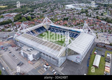 Aus der Vogelperspektive von Deepdale, Heimstadion von Preston North End, Preston, Lancashire, Großbritannien. Stockfoto