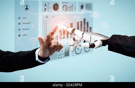 Eine überzeugende visuelle Darstellung der Zusammenarbeit von Mensch und Roboter, die Datenanalysen mit Diagrammen und Diagrammen präsentiert und zukünftige Geschäfte unterstreicht Stockfoto