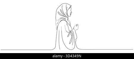 Durchgehende Linienzeichnung einer muslimischen Frau, die einen Hijab trägt. Einzeiliger Vektor einer arabischen Frau auf weißem Hintergrund. Bearbeitbare Zeile. Stock Vektor