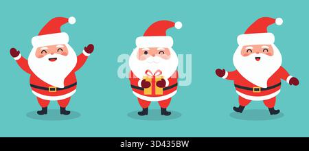 Eine Reihe niedlicher Weihnachtsmann-Charaktere in verschiedenen Posen, isoliert auf blauem Hintergrund. Vektor Weihnachtsfeiertaglustration im flachen Cartoon-Stil Stock Vektor