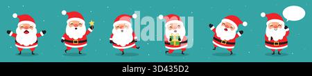 Eine Reihe niedlicher Weihnachtsmann-Charaktere in verschiedenen Posen, isoliert auf blauem Hintergrund. Vektor Weihnachtsfeiertaglustration im flachen Cartoon-Stil Stock Vektor