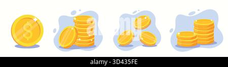 Vektor-Cartoon-Stil Illustration von goldenen Münzen mit Dollarzeichen, Stapel von Münzen isoliert auf weißem Hintergrund Stock Vektor