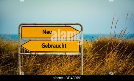 Ein Bild mit einem Wegweiser, der in zwei verschiedene Richtungen auf Deutsch zeigt. Eine Richtung ist neu, die andere wird verwendet. Stockfoto