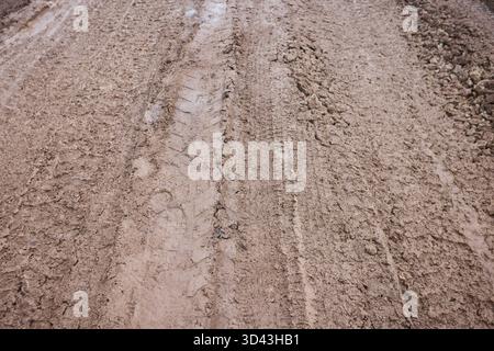 Ländliches, schlammiges Gelände, unebener ländlicher Pfad mit Pfützen, anspruchsvoller Landweg mit tiefen Rillen, rauer Feldweg mit tiefen Reifenrillen und Stockfoto