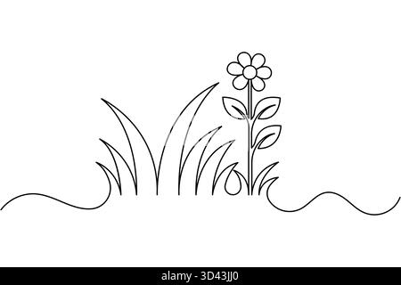Durchgehende einzeilige Zeichnung von Gras- und Blumenkunst mit minimalistischen Vektorgrafiken Stock Vektor