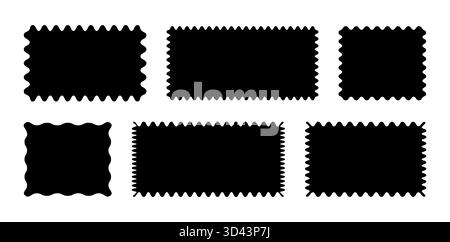 Rechteckige Hintergründe mit schnörkeligen Rändern. Schwarze quadratische Tags, leere Textfelder, Etiketten, Stempel, Cracker, Coupons mit kurvigen, schnörkeligen Coupons Stock Vektor