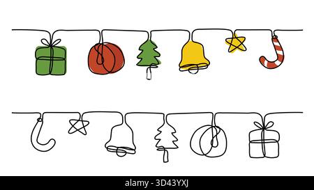 Handgezeichnetes One Continuous Line Weihnachtsdekoration Hängeset. Vektorabbildung Stock Vektor