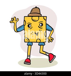 Comic Kawaii Cheese Figur Smile Dance Farbenfrohe Handgezeichnet. Vektorabbildung Stock Vektor
