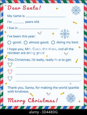 Weihnachtsbrief an den Weihnachtsmann. Kinderpostkarte mit Wunschzettel. Vektorschablone mit dekorativen Elementen aus Gold und Silber - Schneeflocken, Zuckerstangen, h Stock Vektor