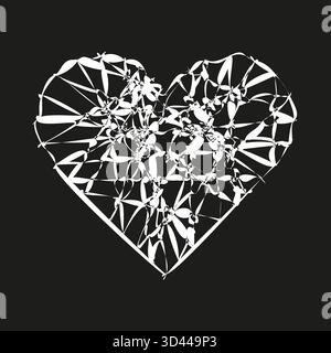 Abstrakt gebrochenes Herz. Weißes Glasscherben. Zersplittertes Vektorelement. Dunkelschwarzer Hintergrund. EPS 10. Stock Vektor