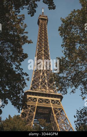 Detail des Eiffelturms mit Bäumen in Paris, Frankreich Stockfoto