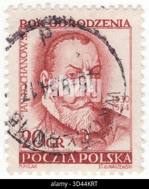 POLEN — 10. November 1953: 20 grosser rotbrauner Briefmarke mit dem Porträt von Jan Kochanowski, ausgestellt für das „Renaissancejahr“. Er war ein polnischer Renaissancepoet, der in lateinischer und polnischer Sprache schrieb und poetische Muster etablierte, die in der polnischen Literatursprache integriert werden sollten. Er gilt allgemein als der größte polnische Dichter vor Adam Mickiewicz und der bedeutendste slawische Dichter vor dem 19. Jahrhundert. In seiner Jugend reiste er nach Italien (wo er an der Universität Padua studierte) und nach Frankreich Stockfoto