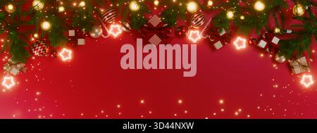 Weihnachtsszene mit beleuchteten Ornamenten, Geschenkverpackungen und Fichtenzweigen vor rotem Hintergrund. 3D-Rendering Stockfoto