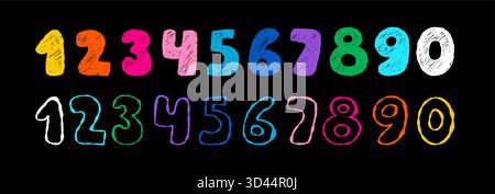 Helle Kreidenummern eingestellt. Strukturierte und umrissene handgeschriebene mehrfarbige Zeichen auf Schwarz. Isolierte handgezeichnete Kritzeleien für Design. Vektorillustra Stock Vektor