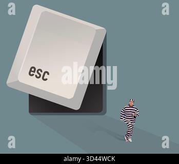 Ein Sträfling im Gefängnis läuft, nachdem er die Tastatur durch die esc-Taste in einer 3D-Abbildung entkommen ist. Stockfoto