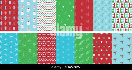 Set mit Weihnachtsmustern in schlichtem, minimalistischem Stil. Geometrische abstrakte Weihnachts- und Neujahrssymbole für Geschenkpapier, Hintergrund, modisches, modernes abstraktes Design. Vektorabbildung Stock Vektor