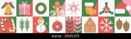 Abstrakter geometrischer Weihnachtshintergrund im Bauhaus-Stil. Nahtloses festliches Vektormosaik, minimales skandinavisches Ornament. Frohe Weihnachten, Tapeten, Banner, festliches Cover-Design. Stock Vektor