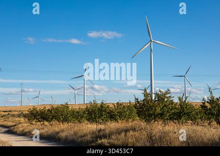 Windturbinen stehen hoch in einer trockenen Region und drehen sich anmutig im Wind. Der klare blaue Himmel über uns hebt die Szene nachhaltiger Energieprodukte hervor Stockfoto