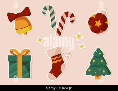 Set mit niedlichen Weihnachts- und Neujahrsaufklebern. Symbole des Feiertags. Isolierte Vektorsammlung von Illustration im flachen Cartoon-Stil. Stock Vektor