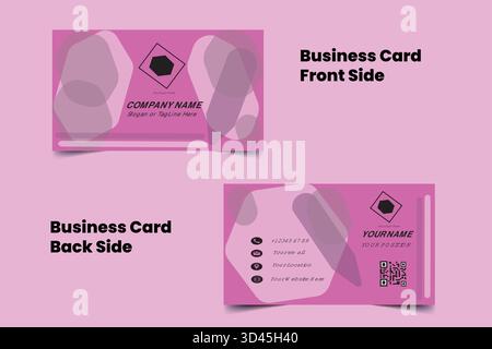 Ein sauberes und modernes Visitenkartendesign mit einer Farbpalette in Rosa und Grau. Auf der Vorderseite befinden sich ein Platzhalter mit rautenförmigem Logo und ein Slogan, während der Th Stock Vektor