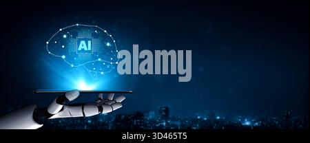 Ein generativer KI-Assistent visualisiert die Struktur seines eigenen neuronalen Deep-Learning-Netzwerks. Der zentrale Prozessor versorgt die komplexen Verbindungen von Stockfoto