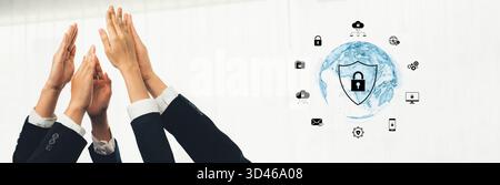Kollaboratives Teamwork zu Cybersicherheitslösungen mit Digital Lock Icon, Hands Raising Together, Global Network Concept in Professional Business Stockfoto