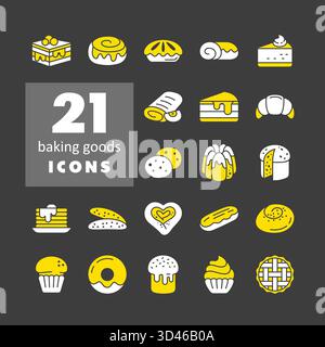 Ein einfaches Set aus 21 Glyphen-Symbolen mit Backwaren wie Kuchen, Gebäck, Keksen und verschiedenen Brotsorten. Diese Kollektion eignet sich perfekt für Menüs, Food Blo Stock Vektor