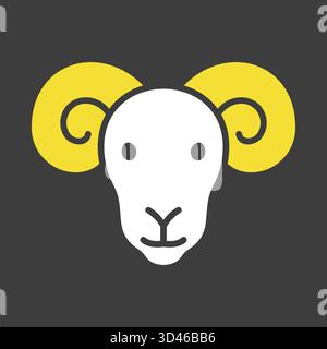 Schwarze Glyphe-Ikone eines Widderkopfes mit hervorstehenden, gebogenen Hörnern. Auffälliges, flaches Design für Fleischverpackungen, landwirtschaftliche Logos oder das Sternzeichen Aries. Stock Vektor